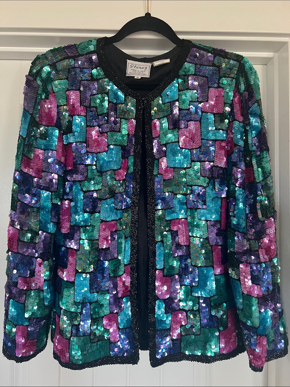 Vintage 80s Stenay Sequin Silk Jacket Multicolor Mosaic Cocktail Blazer
